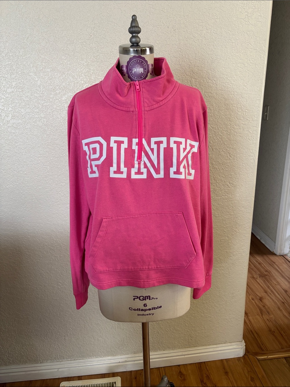 PINK Victoria's Secret Half-Zip Fleece Pullover - Hot Pink with White Logo